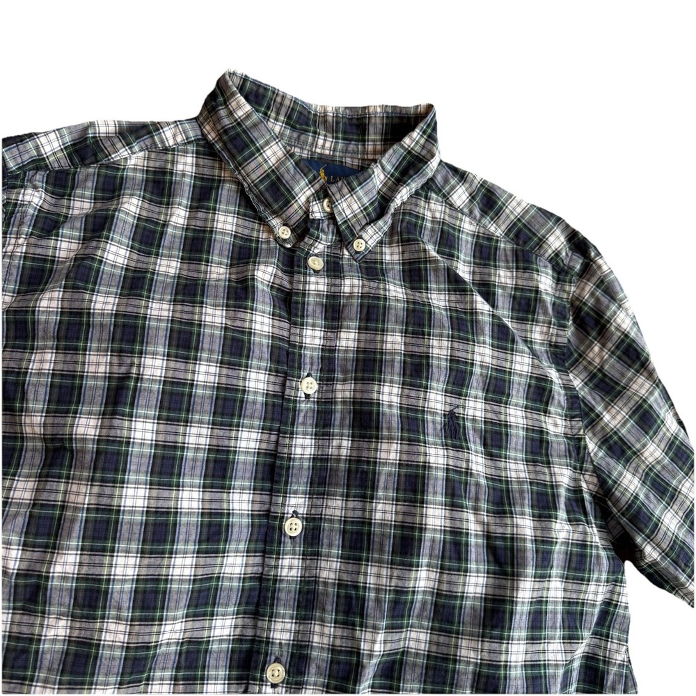 Ralph Lauren Green Blue Red White Plaid Long Sleeve Button up Boys Size XL 18-20